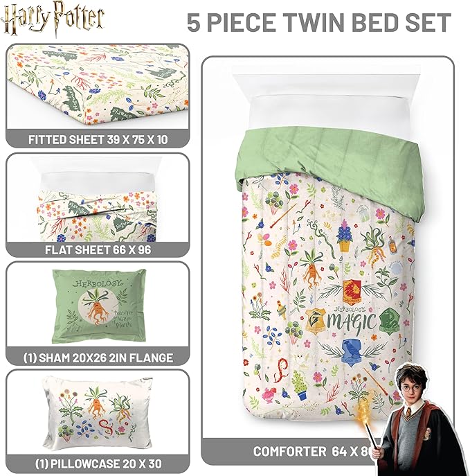 Jay Franco Harry Potter Twin Size Comforter Set - 5 Piece Bedding Includes Sheet Set & Pillow Covers - Super Soft Hogwarts Herbology Bedding