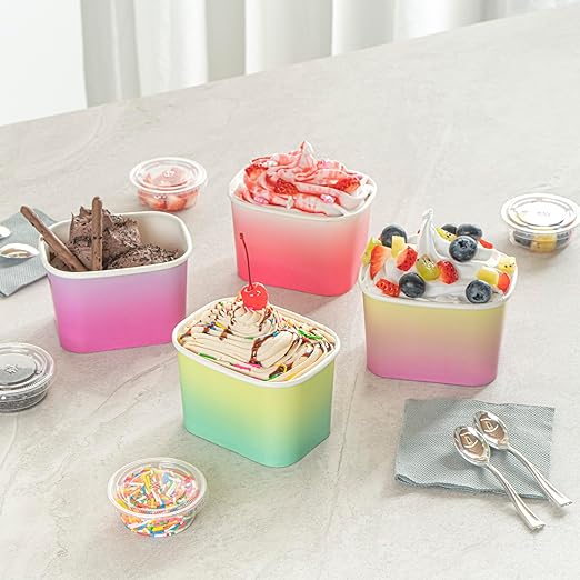 Restaurantware Paper Cups 200 Count 12 Ounce Square Disposable Ice Cream Containers, Leak-Resistant Paper Dessert To Go Cups, Hot And Cold Food, Durable Assorted Ombre Design