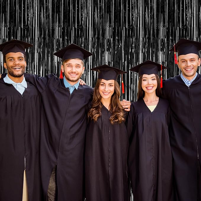 2 Pack 2026 Graduation Party Decorations, 3.28 FT x 7.05 FT Black Backdrop, Metallic Halloween Decorations Photo Backdrop Fringe Curtains Tinsel Backdrop Foil Streamer, Grad Party Supplies