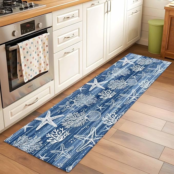 Navy Blue Coastal 2x6 Kitchen Runner Rug, Ocean Coral Starfish Non-Skid Rubber Backing Large Rectangle Rugs - Living Room Bedroom Home Office, Summer Beach Indoor Floor Mat Carpets Washable Rug