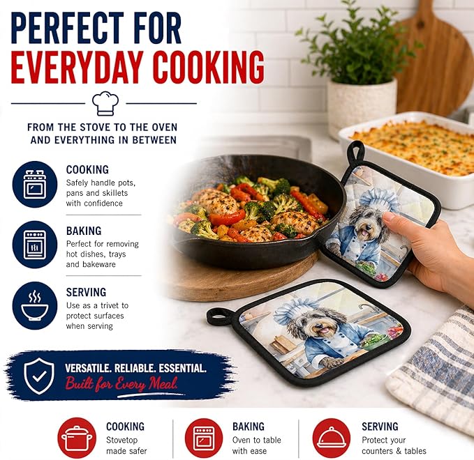 Caroline's Treasures Bergamasco Sheepdog The Chef Pair of Pot Holders Kitchen Heat Resistant Pot Holders Sets Oven Hot Pads for Cooking Baking BBQ, 7 1/2 x 7 1/2