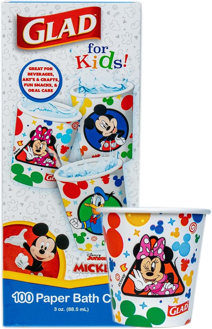 Glad for Kids Disney Mickey and Friends Disposable Mini Paper Cups, Mickey Mouse - Colorful Soak-Proof Bathroom Rinse Cups, Small Size Ideal for Little Hands, 3 oz, 100 Count