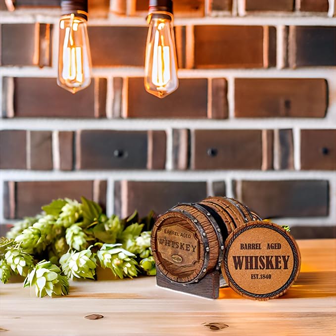Pine Ridge 5pcs 1840 Aged Whiskey Barrel Drink Coaster Set with Holder - Rustic Bar Coasters for Whiskey Table & Bourbon Room - Unique Bar Accessories for Man Cave - Beer & Whiskey Glass Coaster