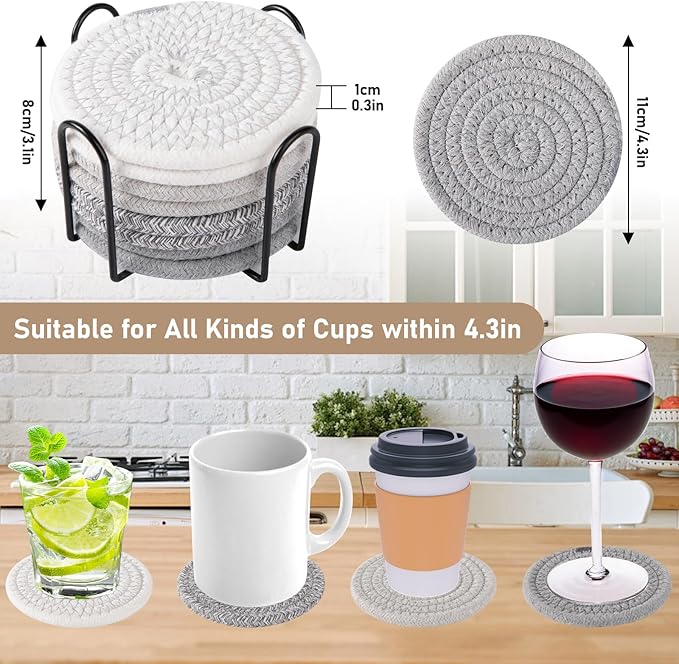 OIAHOMY 8 Pcs Coasters with Holder for Beer, Coffee, Woven Cotton Coaster Set for Table Decor for Kitchen, Bar, Dining Room, Living Room, Housewarming Gifts - Grey