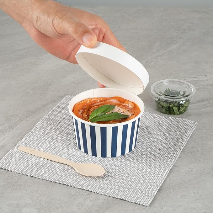 Restaurantware Coppetta 8 Ounce Dessert Cups, 50 Disposable Ice Cream Cups - Lids Sold Separately, Sturdy, Blue And White Paper FroYo Bowls, Striped, For Hot And Cold Foods, Perfect For Gelato