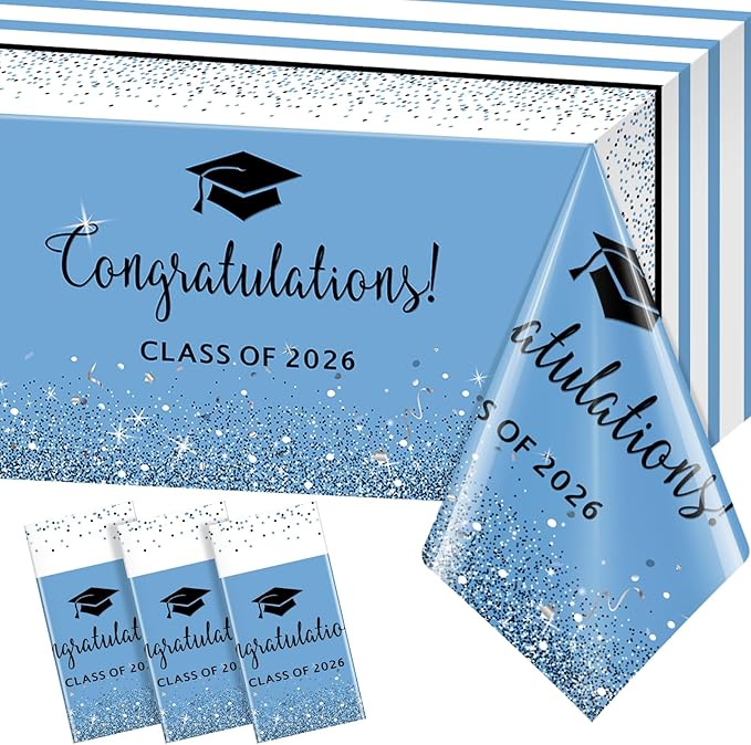 MASHAN 3 Pack Class of 2026 Graduation Tablecloths,Foil Dot Plastic Disposable Rectangle Table Covers for 2026 High School University College Graduation Party Decorations,108 * 54 Inch (Light Blue)