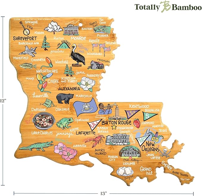 Totally Bamboo Louisiana State Shaped Cutting Board and Charcuterie Serving Platter with Artwork by Fish Kiss, Includes Hang Tie for Wall Display