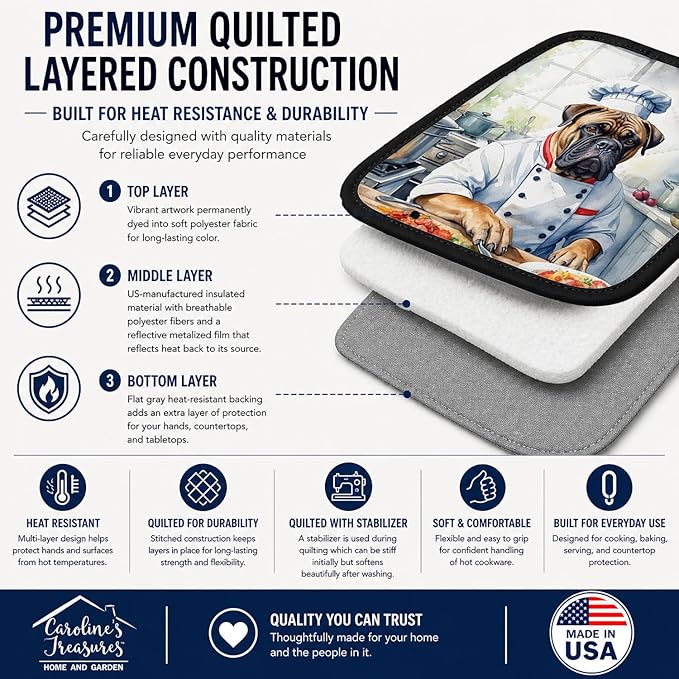 Caroline's Treasures Bullmastiff The Chef Pair of Pot Holders Kitchen Heat Resistant Pot Holders Sets Oven Hot Pads for Cooking Baking BBQ, 7 1/2 x 7 1/2