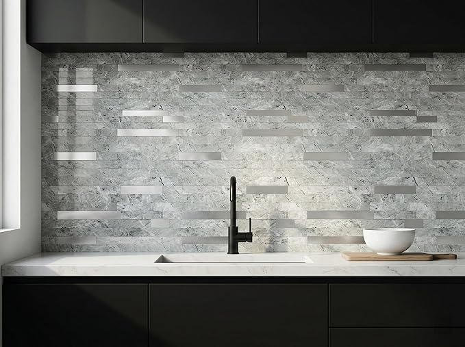 Yipscazo 1 Sheet Peel and Stick Stone Metal Tile Backsplash, Stick on Tiles for Backsplash Kitchen, Bathroom, Laundry Room, Camper, Fireplace (12'' X 12'', Polished Gray)