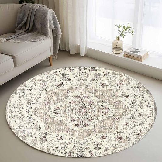 Beige Boho 3.3ft Round Rug, Vintage Ethnic Floral Non-Skid Rubber Backing Large Area Rugs - Living Room Bedroom Home Office, Abstract Art Geometric Indoor Floor Mat Carpets Washable Rug
