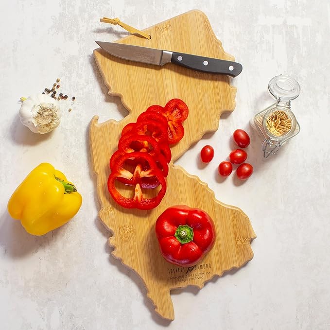 Totally Bamboo New Jersey State Shaped Cutting Board and Charcuterie Serving Platter with Artwork by Fish Kiss, Includes Hang Tie for Wall Display