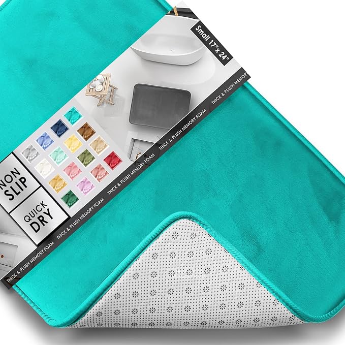 Clara Clark Bathroom Rugs, Velvet Memory Foam Bath Mat, Non-Slip, Machine Washable Bath Rugs - Dries Quickly, Ultra Soft Plush Bath Mats for Bathroom, 17 x 24, Teal Blue