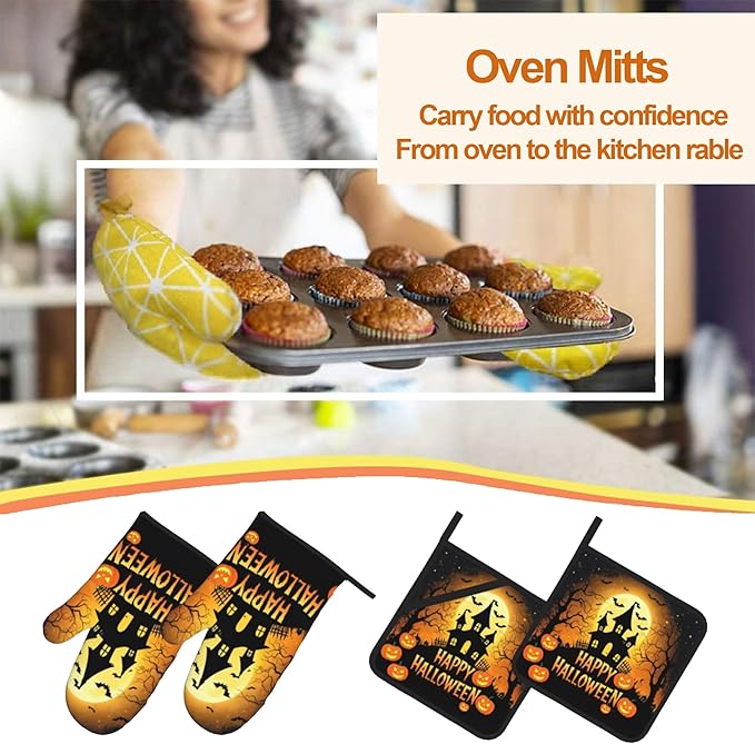 Happy Halloween Oven Mitts with Matching Potholders - Heat Resistant Kitchen Accessories for Baking, Grilling, Cooking, Gifts for Women