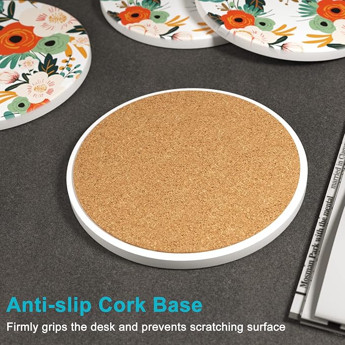 Nipichsha Coasters for Drinks, Set of 6 Cute Absorbent Ceramic Drink Coasters for Cup with Holder and Cork Base, Kitchen Home Decor Housewarming Gift, Round 4 in, White Flowers