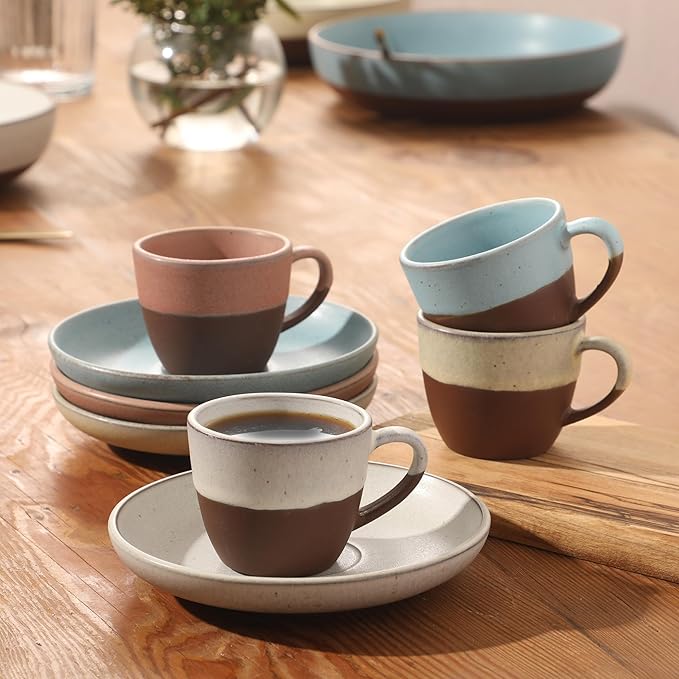 Gibson Elite William Crest 8 Piece Cup & Saucer Set, 4 Stoneware Cups & 4 Saucers, Reactive Glaze Finish, 3.5oz Espresso Cups, 5.5” Saucers, Microwave & Dishwasher Safe - Assorted Colors
