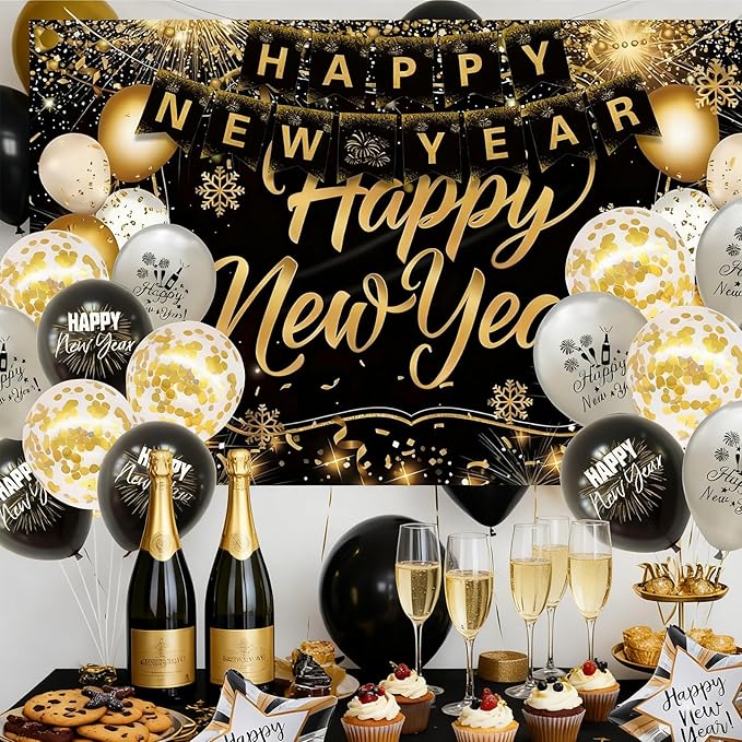 New Years Eve Party Supplies 2026 Set, Black and Gold Happy New Year Banner Decorations Backdrop 2026 Balloon Numbers New Year Foil Balloons for New Years Eve Party Supplies