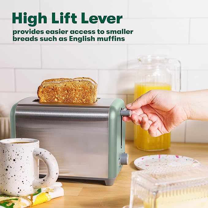BELLA 2 Slice Toaster, Quick & Even Results Every Time, Wide Slots Fit Any Size Bread Like Bagels or Texas Toast, Drop-Down Crumb Tray for Easy Clean Up, Stainless Steel and Sage