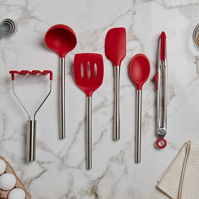 Tovolo Silicone Cooking Utensil Set of 6 Stainless Steel Handle Ladle Slotted Turner Tongs Flex Core Spatula Scraper Mixing Spoon & Potato Masher, Dishwasher Safe BPA Free Utensils, Cayenne Red