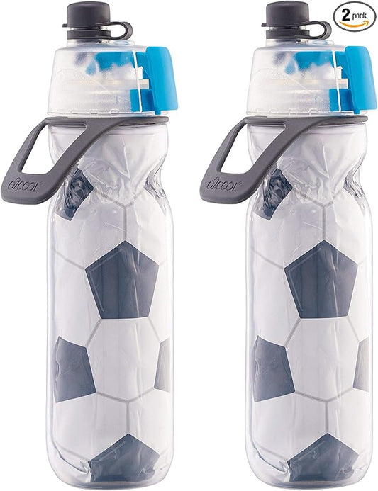 O2COOL Mist 'N Sip Misting Water Bottle 2-in-1 Mist And Sip Function With No Leak Pull Top Spout Reusable Sports Water Bottle - 20 oz (2 Pack Soccer)