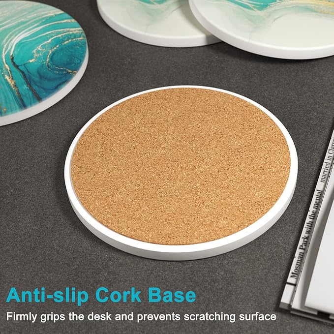 Nipichsha Coasters for Drinks, Set of 6 Cute Absorbent Ceramic Drink Coasters for Cup with Holder and Cork Base, Kitchen Home Decor Housewarming Gift, Round 4 in, Gold Teal Ocean
