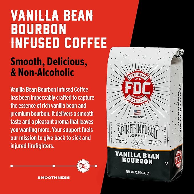 Fire Department Coffee - Vanilla Bourbon Coffee Beans - Gives Back to Firefighters - Vanilla Bean Bourbon Infused Whole Bean - Non-Alcoholic - Roasted in the USA - Veteran Owned (12 oz, Pack of 2)