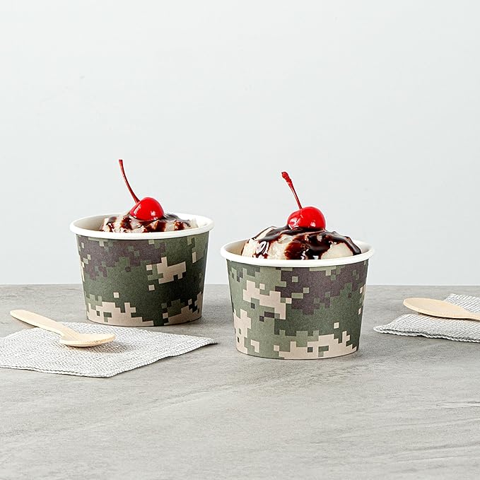 Restaurantware Coppetta 4-Ounce Dessert Cups, 50 Disposable Ice Cream Cups - Lids Sold Separately, Heavy-Duty, Camouflage Paper Frozen Yogurt Bowls, For Hot And Cold Foods
