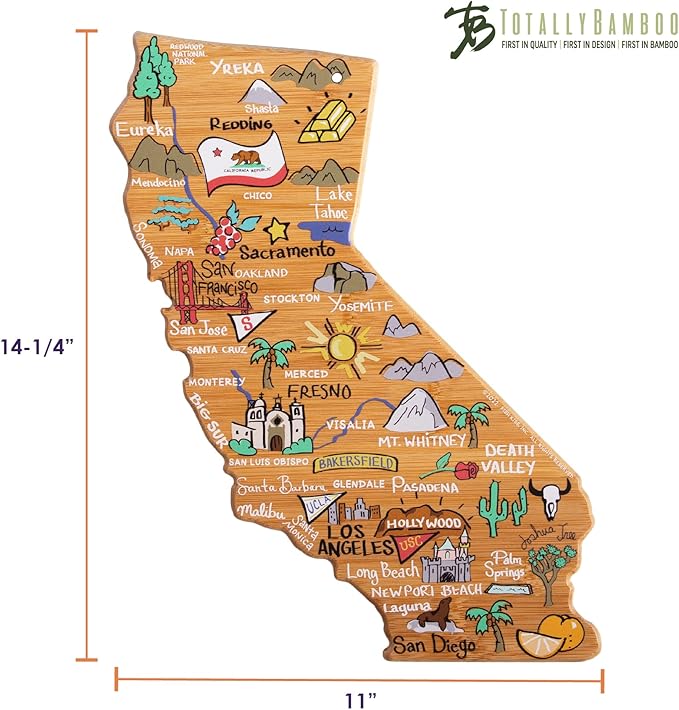 Totally Bamboo California State Shaped Cutting Board and Charcuterie Serving Platter with Artwork by Fish Kiss, Includes Hang Tie for Wall Display