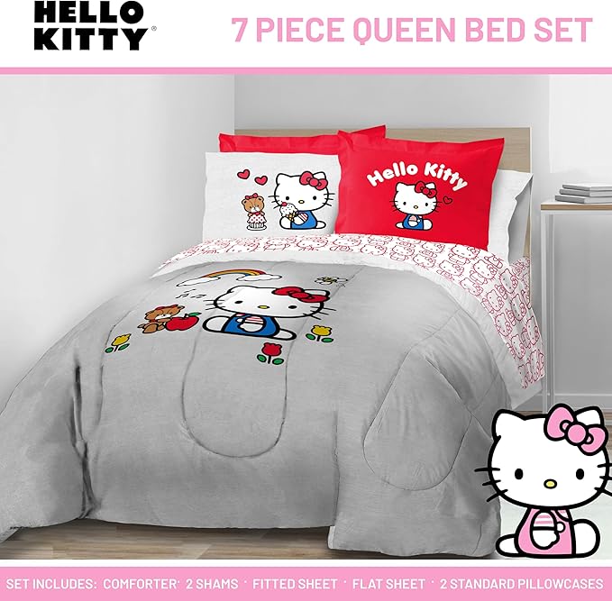 Jay Franco Sanrio Hello Kitty Queen Size Comforter Set - 7 Piece Red & Grey Bedding Includes Sheet Set & Pillow Covers - Super Soft Cozy Kawaii Bedding