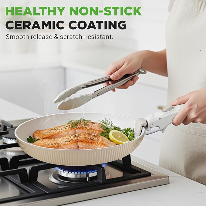 NutriChef 18-Piece Ceramic Cookware Set with Detachable Handles, Space-Saving Nonstick Pots, Pans & Lids, Oven-Safe Bowls, Stackable Storage, Includes Cooking Utensils & Accessories (Cream)