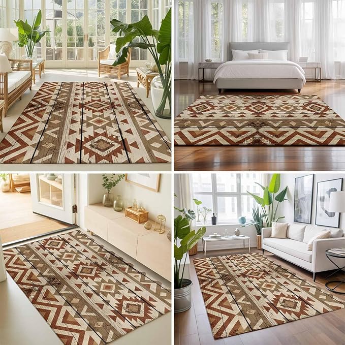 Area Rug 3x5ft, Rustic Aztec Style Pattern Washable Rugs for Living Room Bedroom, Southwestern Geometric Art Soft Non-Slip Area Rugs Rectangle Floor Carpet for Dining Room
