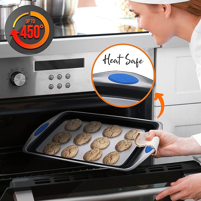 NutriChef 2-Piece Baking Pan Set - Premium Non-Stick Coating Carbon Steel Bakeware w/ Silicone Handles - PFOA, PFOS, PTFE Free Kitchen Oven Bake Tray, Cookie Sheets - Dark Gray, 17.3"x11.4"x1.2"