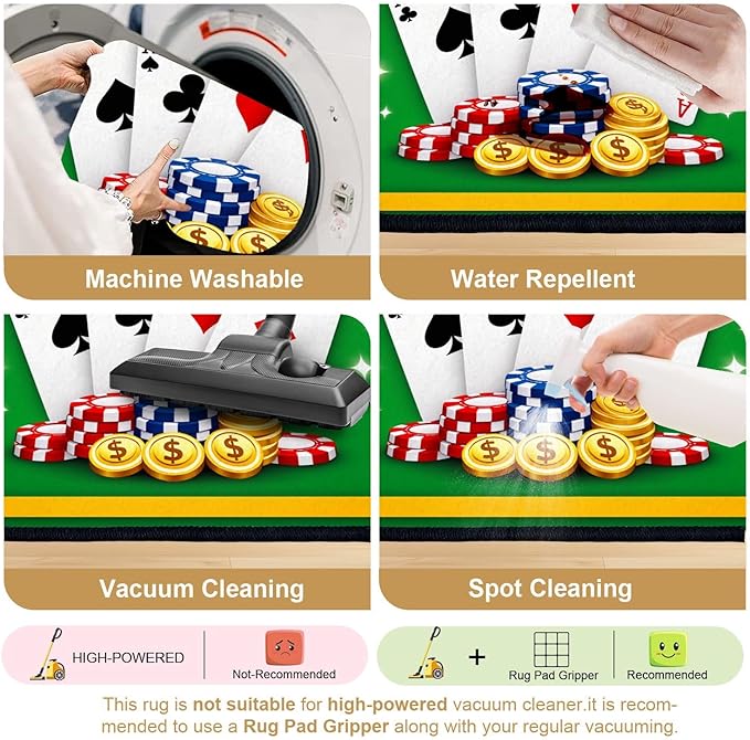 8x10 Area Rugs for Bedroom Boho Washable Man Cave Rug for Living Room Casino Theme Playing Cards Poker Chips Dollar Coins Soft Rubber Backed Non-Slip Large Carpets for Boys