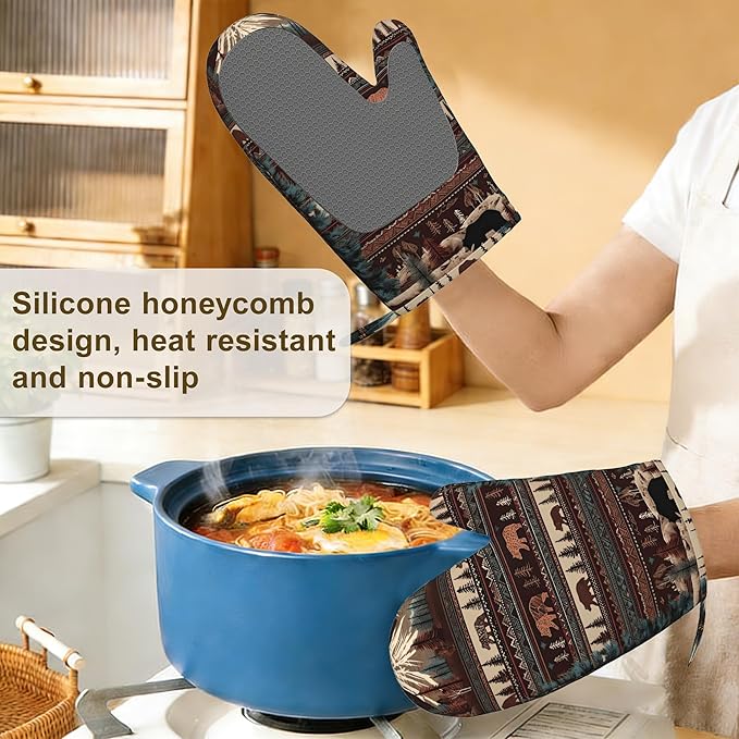 Oven Mitts and Pot Holders Vintage Bear Mountain Silicone Kitchen Accessories Set of 4 Heat Resistant Gloves Potholder Non-Slip Grip for Chef Cooking Baking Grilling BBQ