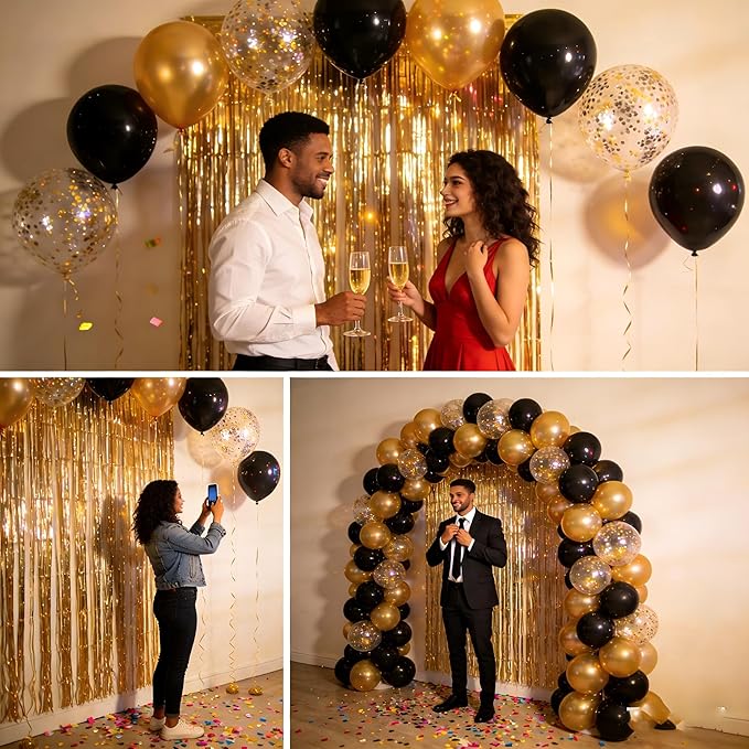 Gold Foil Party Curtain Kit with Balloons & Garland – 2-Pack Metallic Fringe Backdrop (3.28×6.56 ft) for Christmas, Graduation, Birthday Photo Booth New Year Decorations