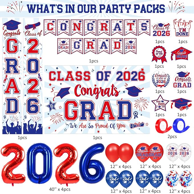 Graduation Decorations 2026 - Red and Blue Graduation Party Supplies Congrats Grad Backdrop & Banner, Hanging Swirls, Porch Sign, Balloons for High School & College Celebrations