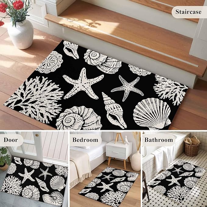 Area Rug 2x3ft, Marine Starfish Shell Conch Washable Rugs for Living Room Bedroom, Ocean Life on Black Soft Non-Slip Area Rugs Rectangle Floor Carpet for Dining Room