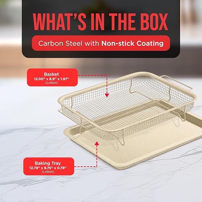 Bakken Swiss Crisper Tray - 2-Piece Set – White Marble, Non-Stick Basket Design for Healthier Cooking in Regular Ovens - Achieve Perfectly Crispy Chips, Bacon and More