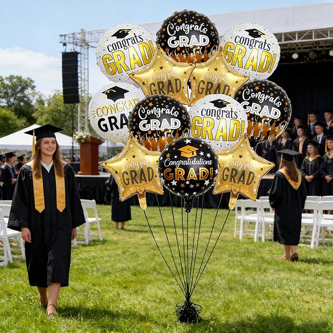 Graduation Balloons Set -12 Pcs Black Gold Congrats Grad Foil Balloons Decor,GRAD Letters Mylar Balloons Class of 2026 Congrats Grad for College High School Graduation Party Decorations Supplies