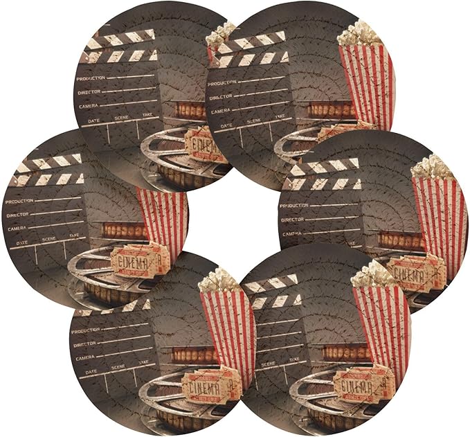 YETTASBIN Movie Theater Popcorn 6 Pcs Drink Coasters with Holder, Cotton Woven Absorbent Heat-Resistant Round Coaster Non-Slip Table Mat for Kitchen Bar Home Decor Housewarming Gift, 3.9 in
