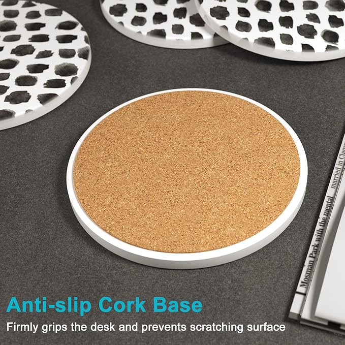 Nipichsha Coasters for Drinks, Set of 6 Cute Absorbent Ceramic Drink Coasters for Cup with Holder and Cork Base, Kitchen Home Decor Housewarming Gift, Round 4 in, Milk White Black Dots
