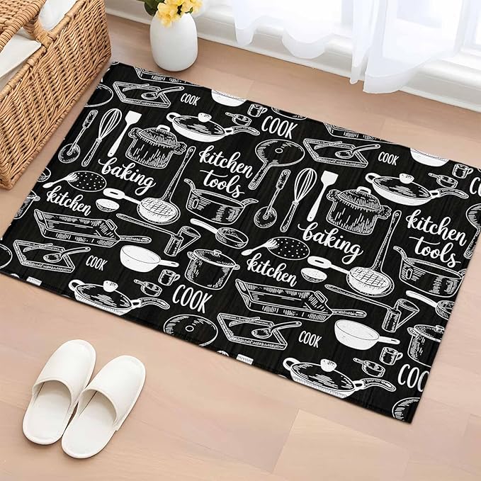 Black Kitchen Tools 2x3 Door Mat Rug, Modern Cooking Utensil Non-Skid Rubber Backing Large Rectangle Rugs - Living Room Bedroom Home Office, Farmhouse Cookware Indoor Floor Mat Carpets Washable Rug