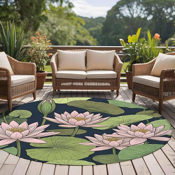 Washable Round Area Rug Pink Lotus Water Lily Dark Green Leaves Circle Rugs Floor Carpet for Living Room Bedroom, Oriental Style Soft Non Slip Round Rug 5ft