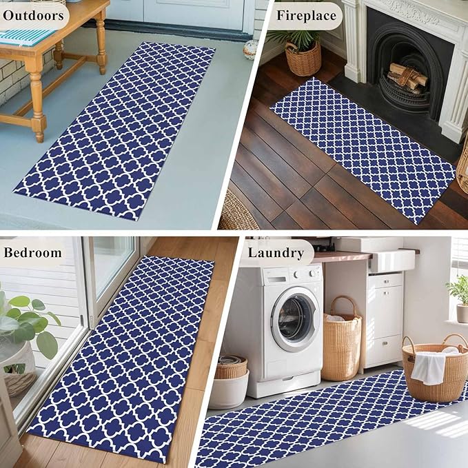 Runner Rug for Bedroom Hallway, Navy Blue Moroccan Plaid Kitchen Runner Rugs Area Rug 2x6ft, White Line Buffalo Lattice Washable Soft Floor Carpet for Entryway Stair