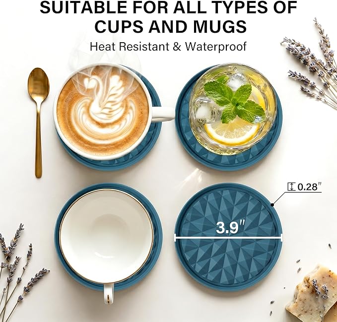 Silicone Coasters for Drinks[8 Pack, No Holder]- Cup Mat for Tabletop Protection-Non-Slip, Non-Stick, Coffee Table Decor, Great Gift for Any Occasion, Dark Blue