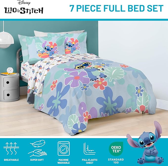 Jay Franco Disney Lilo and Stitch Full Size Comforter Set - 7 Piece Bedding Includes Sheet Set & Pillow Covers - Super Soft Tropical Bedding