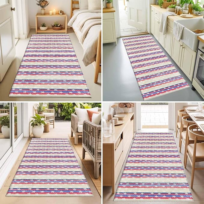 Runner Rug for Bedroom Hallway, American Star Stripe Kitchen Runner Rugs Area Rug 2x6ft, Retro Independence Day Theme Washable Soft Floor Carpet for Entryway Stair