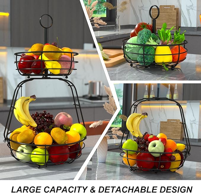 House Warming Gifts New Home, Fruit Basket for Kitchen Counter, 2 Tier Countertop Fruit Bowl Vegetable Baskets with Banana Hanger, Storage Basket for Snack, Home Decor, Kitchen Appliances