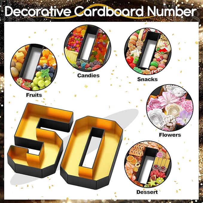 50 Cardboard Numbers for Charcuterie Fillable 13.8'' Black Gold Paper Mache Number Shaped Cupcake Pans Board Box Trays Container for Food Candy 50th Birthday Party Decorations Anniversary