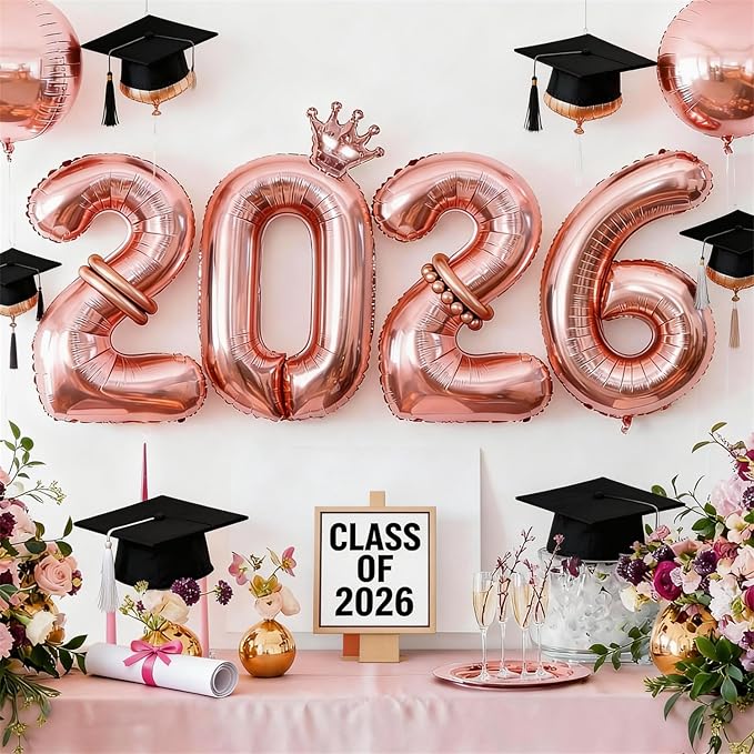 2026 Balloons Rose Gold,40 Inch 2026 Number Balloons with Foil Crown Balloons for Happy New Year Decorations New Years Eve 2026 Graduation Decorations Class of 2026 Party Supplies