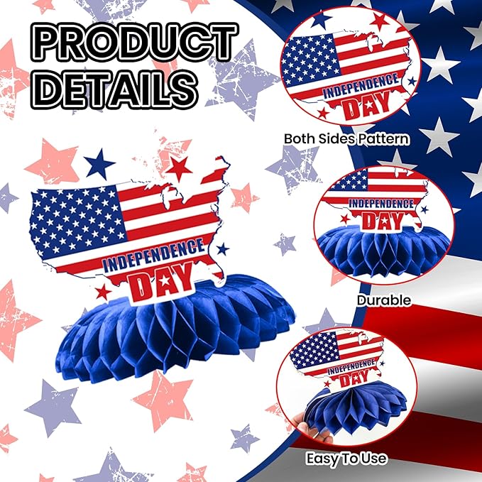 4th of July Honeycomb Centerpieces - 9PCS Patriotic Themed Table Decorations, Red White Blue Independence Day Party Supplies for Patriotic Events American Theme Gatherings